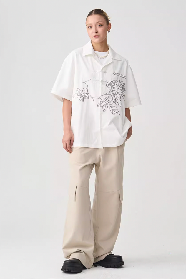 Harsh and Cruel Rose Patches Embroidered Cuban Shirt
