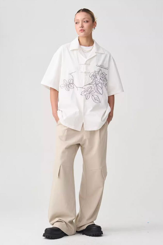 Harsh and Cruel Rose Patches Embroidered Cuban Shirt