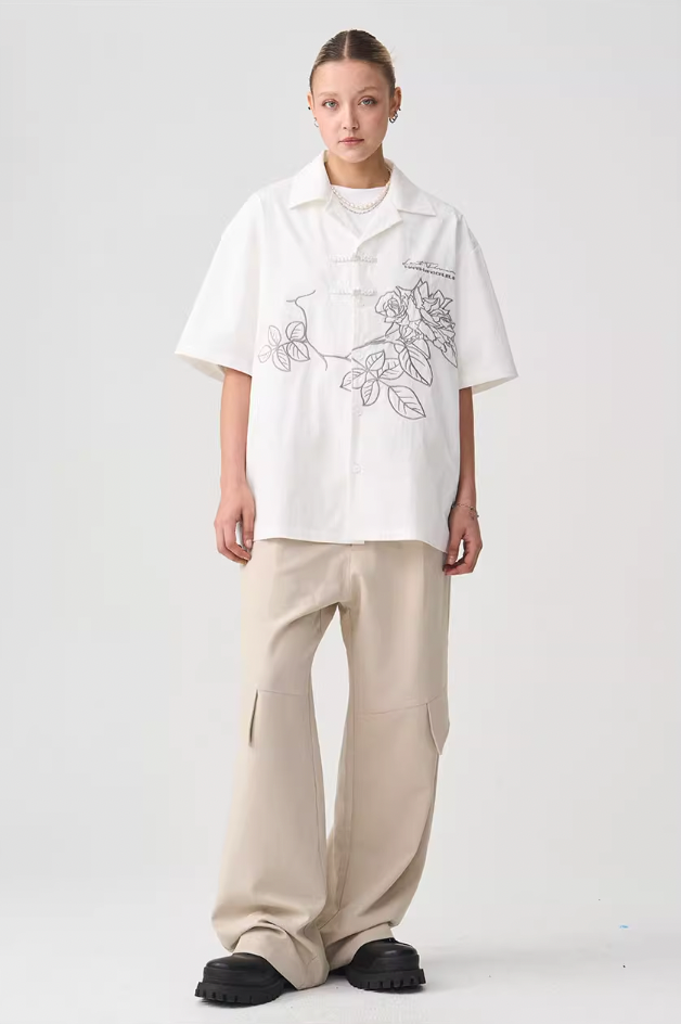 Harsh and Cruel Rose Patches Embroidered Cuban Shirt