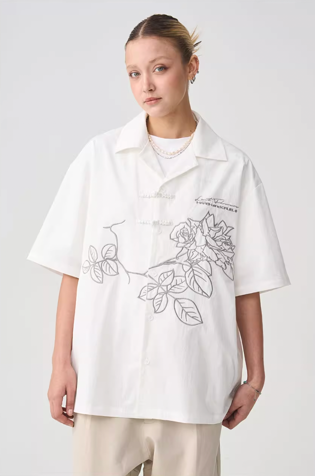 Harsh and Cruel Rose Patches Embroidered Cuban Shirt