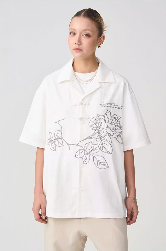 Harsh and Cruel Rose Patches Embroidered Cuban Shirt