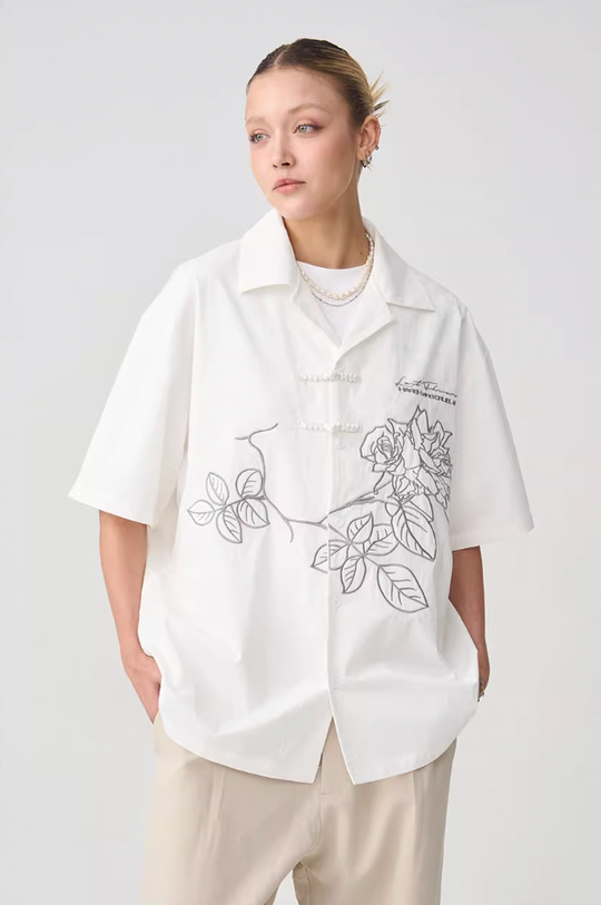 Harsh and Cruel Rose Patches Embroidered Cuban Shirt