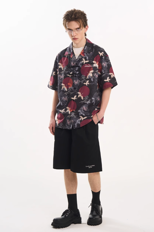 Harsh and Cruel Crane Print Knots Cuban Shirt