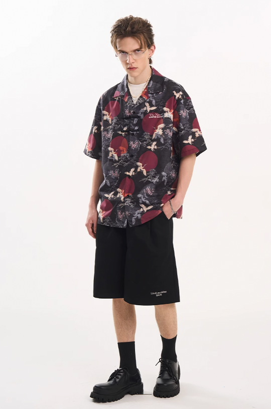 Harsh and Cruel Crane Print Knots Cuban Shirt