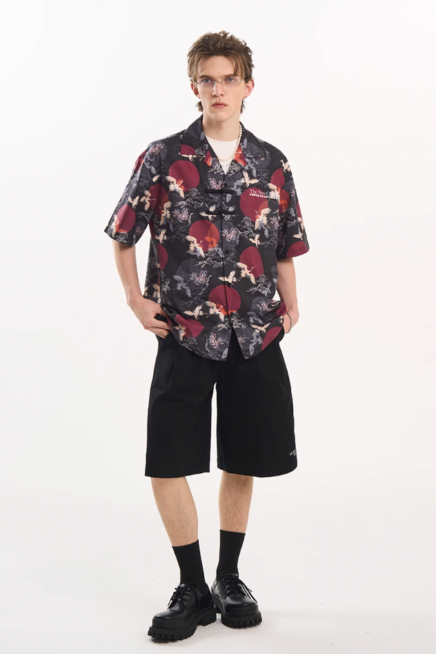 Harsh and Cruel Crane Print Knots Cuban Shirt