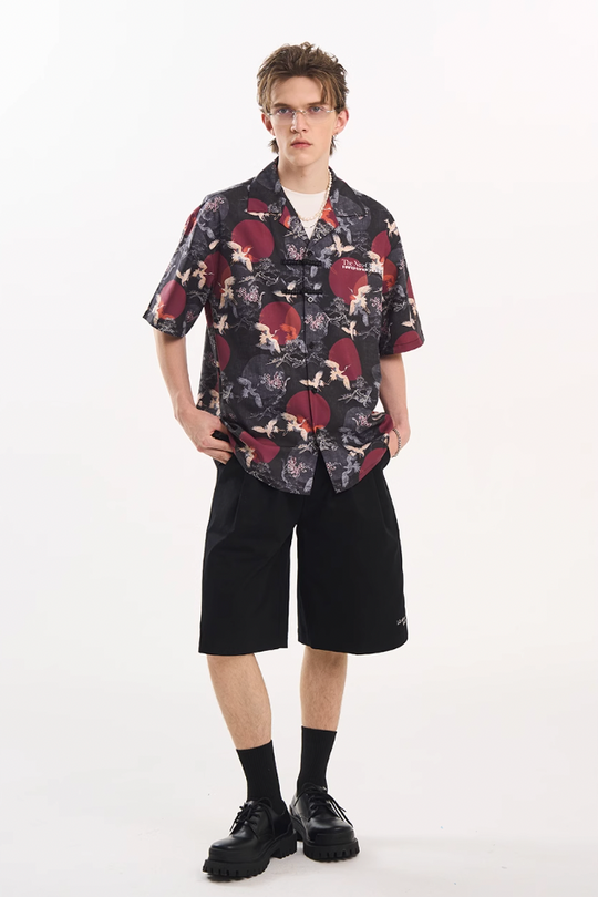 Harsh and Cruel Crane Print Knots Cuban Shirt