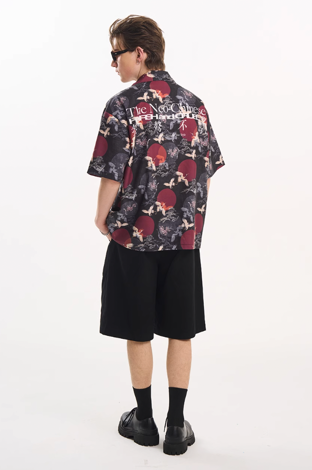 Harsh and Cruel Crane Print Knots Cuban Shirt