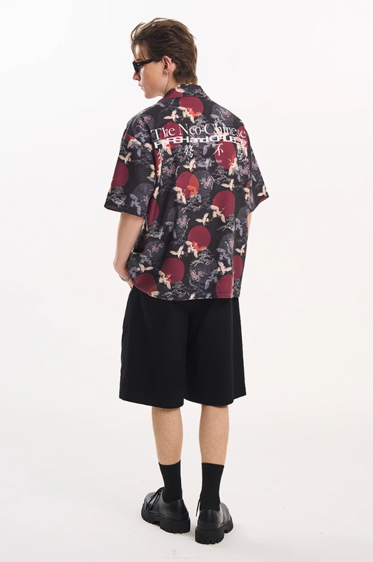 Harsh and Cruel Crane Print Knots Cuban Shirt