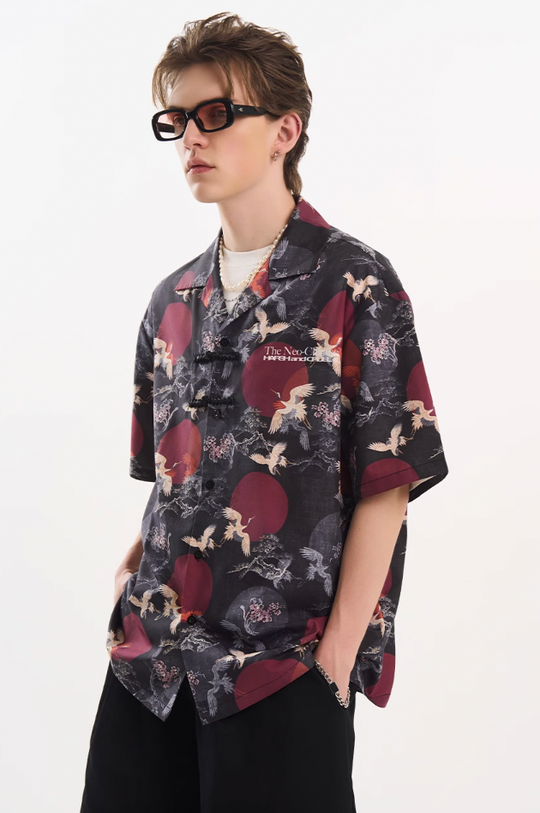 Harsh and Cruel Crane Print Knots Cuban Shirt