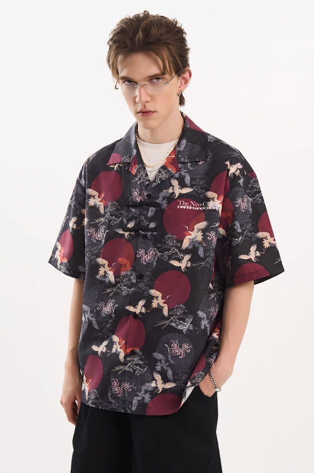 Harsh and Cruel Crane Print Knots Cuban Shirt