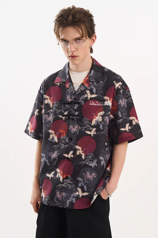 Harsh and Cruel Crane Print Knots Cuban Shirt