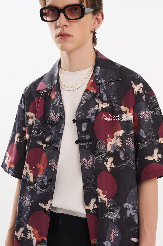 Harsh and Cruel Crane Print Knots Cuban Shirt