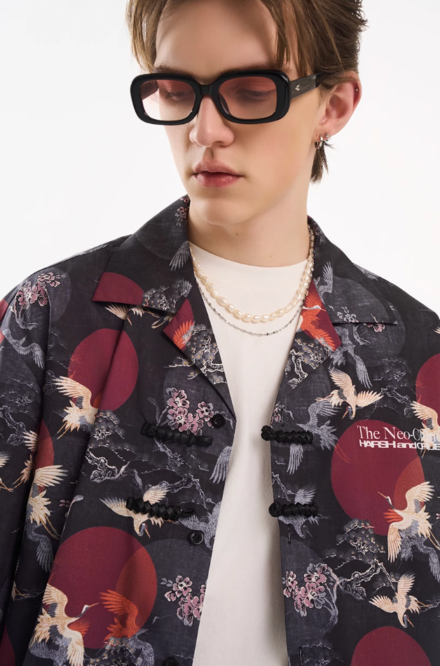 Harsh and Cruel Crane Print Knots Cuban Shirt