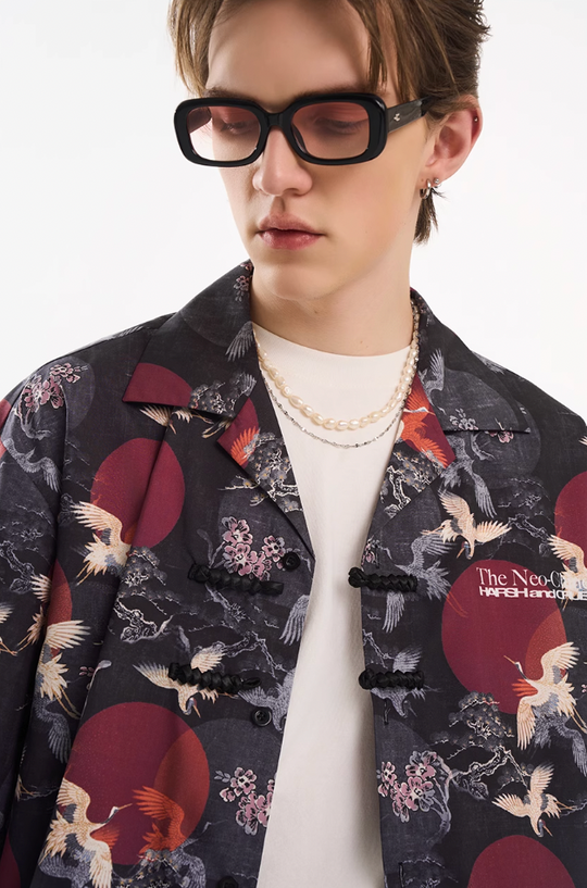 Harsh and Cruel Crane Print Knots Cuban Shirt
