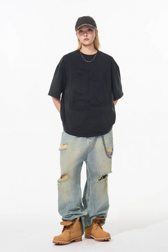 Harsh and Cruel 3D Gothic Embroidery Washed Tee