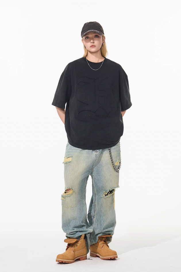 Harsh and Cruel 3D Gothic Embroidery Washed Tee