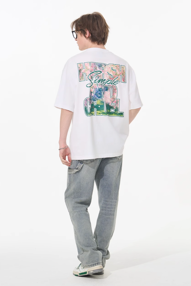Harsh and Cruel Font Art Oil Painting Floral Tee