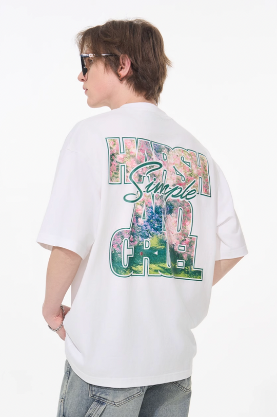 Harsh and Cruel Font Art Oil Painting Floral Tee