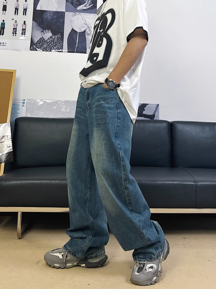 F3F Select Washed Distressed Draped Wide Legged Denim Jeans