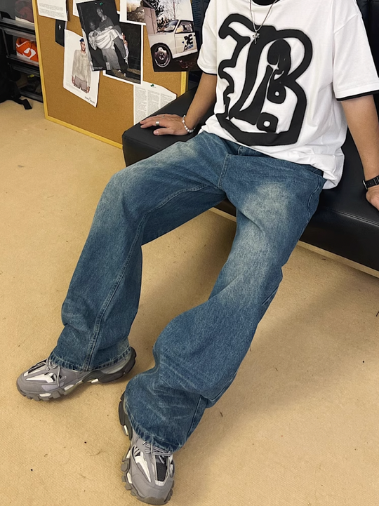 F3F Select Washed Distressed Draped Wide Legged Denim Jeans