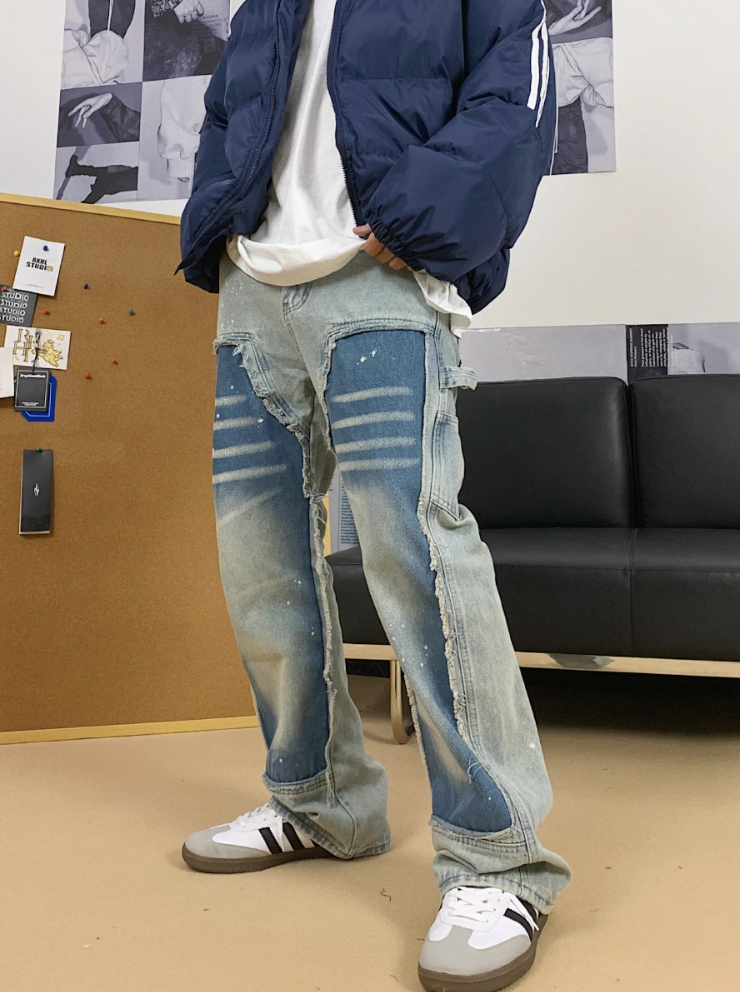 F3F Select Washed Distressed Patchwork Splash Ink Denim Jeans