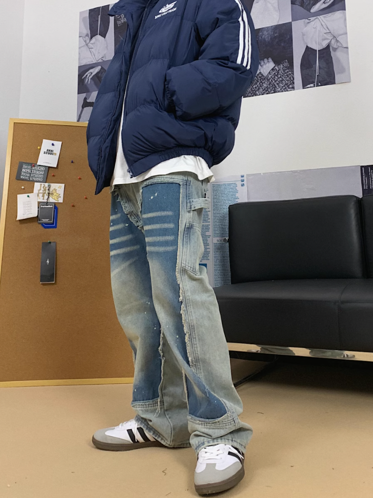 F3F Select Washed Distressed Patchwork Splash Ink Denim Jeans