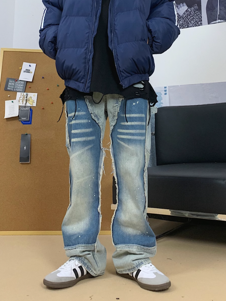 F3F Select Washed Distressed Patchwork Splash Ink Denim Jeans