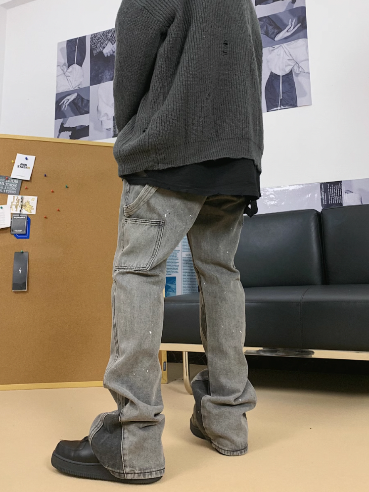 F3F Select Old Washed Ink Splash Micro Flare Denim Jeans