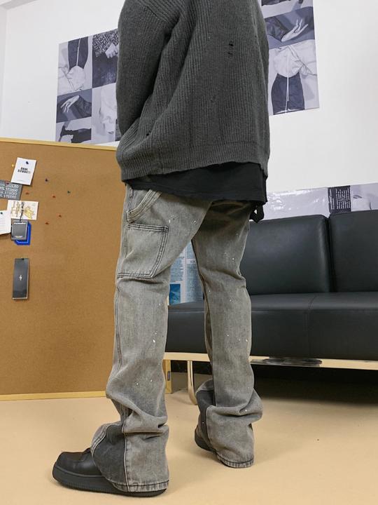 F3F Select Old Washed Ink Splash Micro Flare Denim Jeans