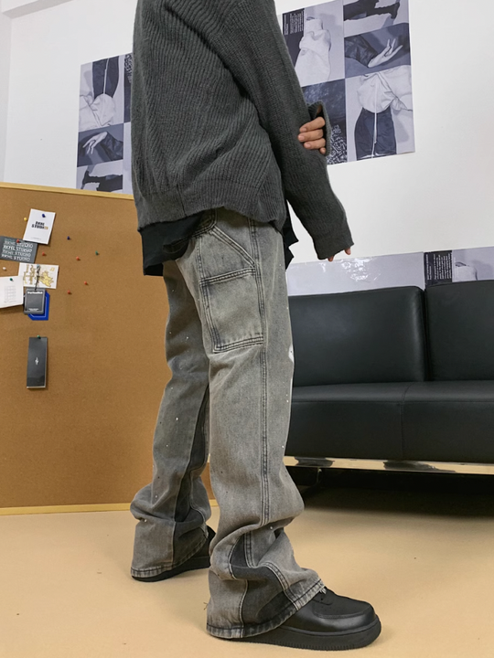 F3F Select Old Washed Ink Splash Micro Flare Denim Jeans