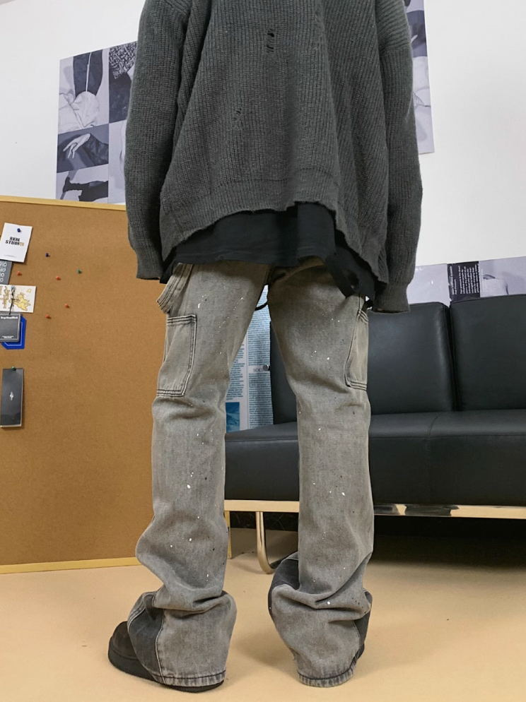 F3F Select Old Washed Ink Splash Micro Flare Denim Jeans