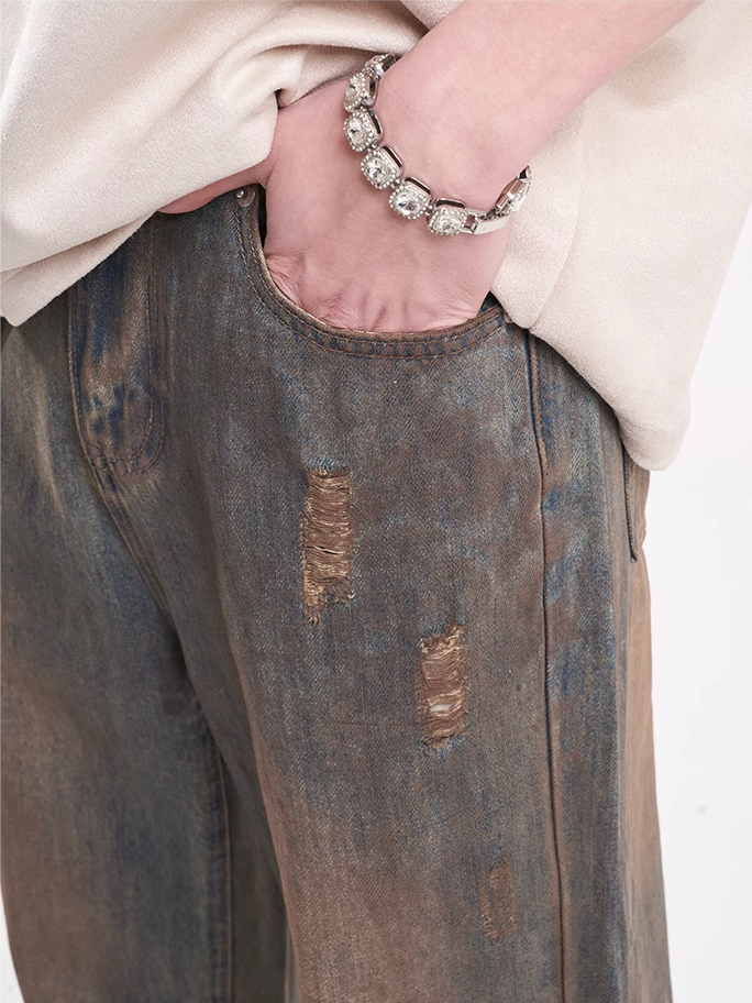 F3F Select Dirty Dyed Distressed Blue Ripped Jeans