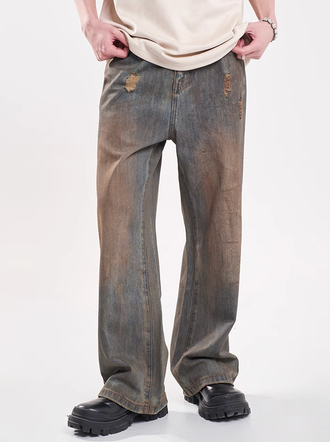 F3F Select Dirty Dyed Distressed Blue Ripped Jeans