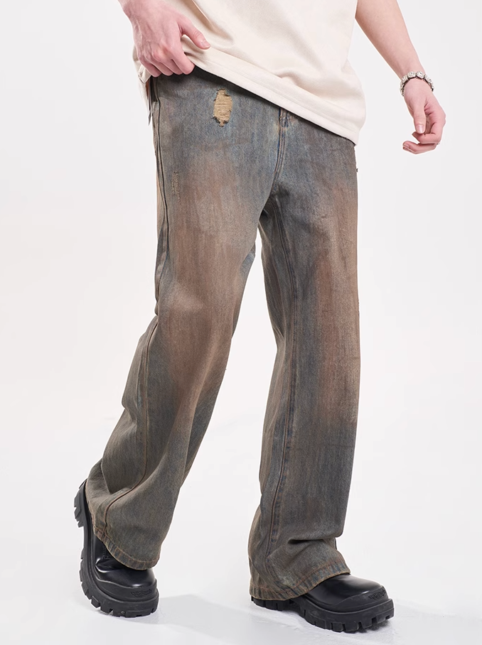 F3F Select Dirty Dyed Distressed Blue Ripped Jeans