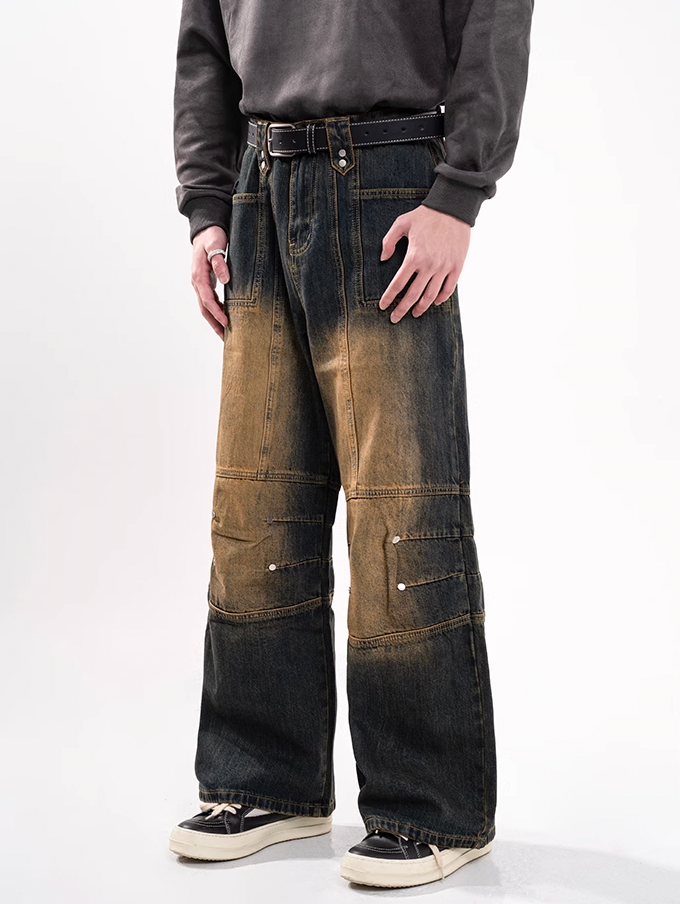 F3F Select Yellow Clay Dye Washed Deconstructed Work Jeans