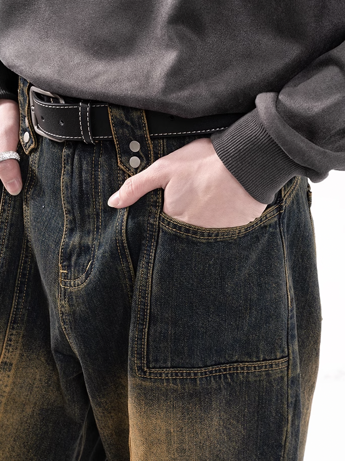 F3F Select Yellow Clay Dye Washed Deconstructed Work Jeans