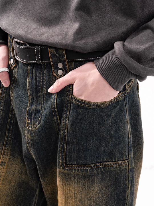 F3F Select Yellow Clay Dye Washed Deconstructed Work Jeans