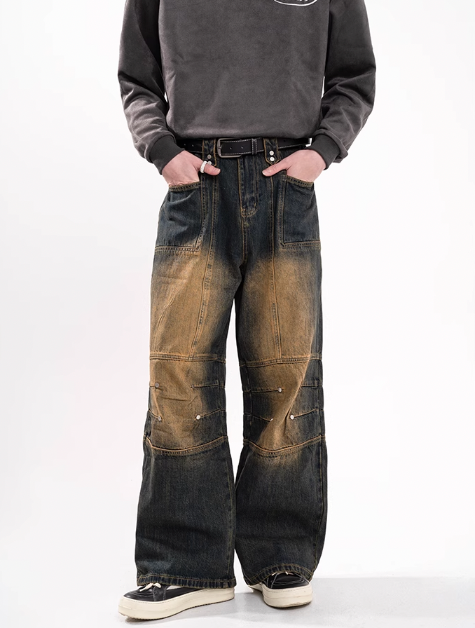 F3F Select Yellow Clay Dye Washed Deconstructed Work Jeans