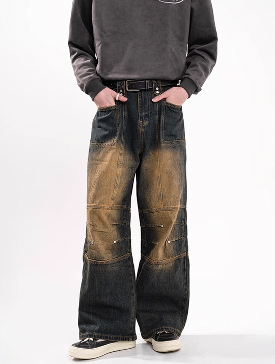 F3F Select Yellow Clay Dye Washed Deconstructed Work Jeans