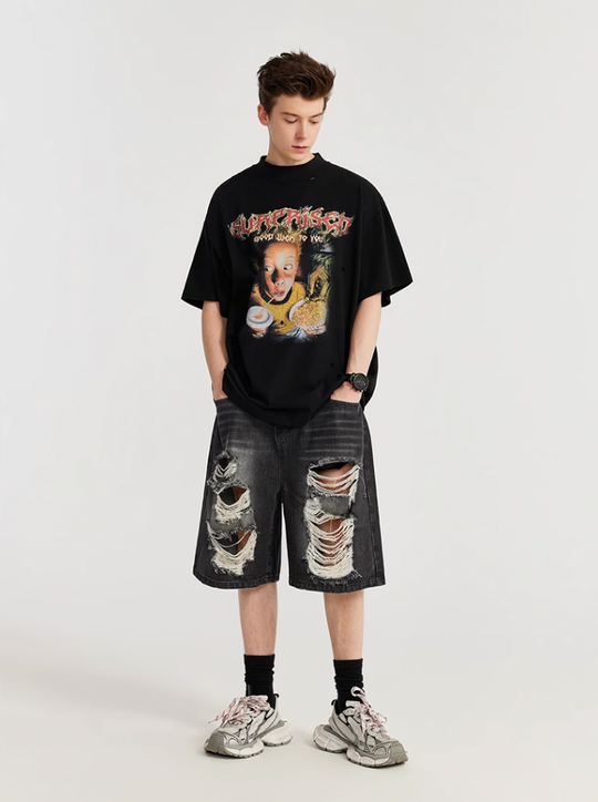 F3F Select Washed Black Broken Holes Denim Short Jeans