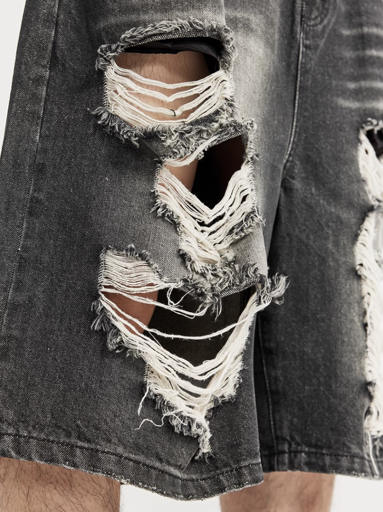 F3F Select Washed Black Broken Holes Denim Short Jeans