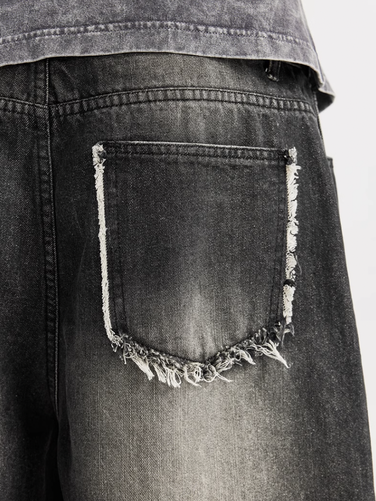 F3F Select Washed Black Broken Holes Denim Short Jeans