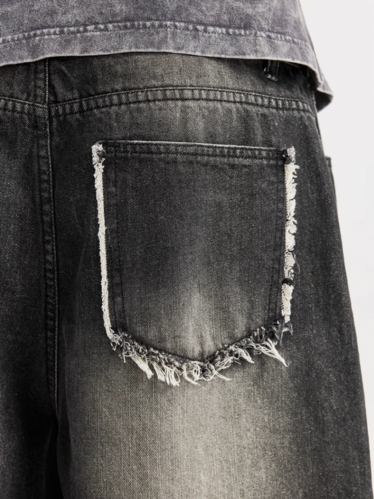 F3F Select Washed Black Broken Holes Denim Short Jeans