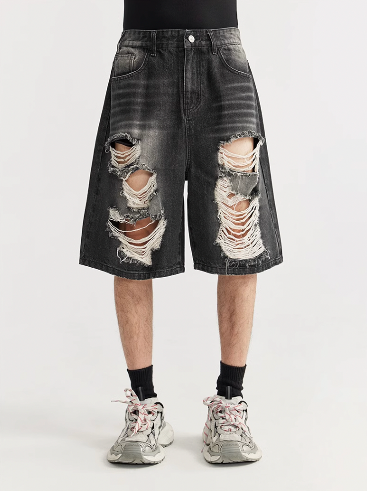 F3F Select Washed Black Broken Holes Denim Short Jeans