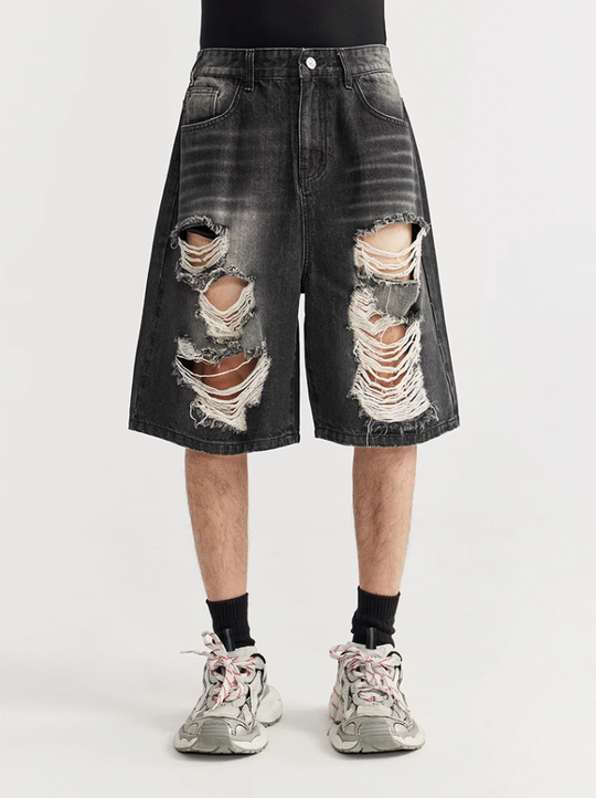 F3F Select Washed Black Broken Holes Denim Short Jeans
