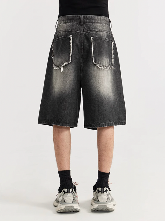 F3F Select Washed Black Broken Holes Denim Short Jeans