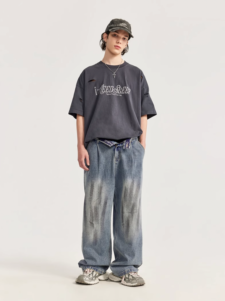 F3F Select Retro Washed & Rubbed Distressed Tuck Jeans