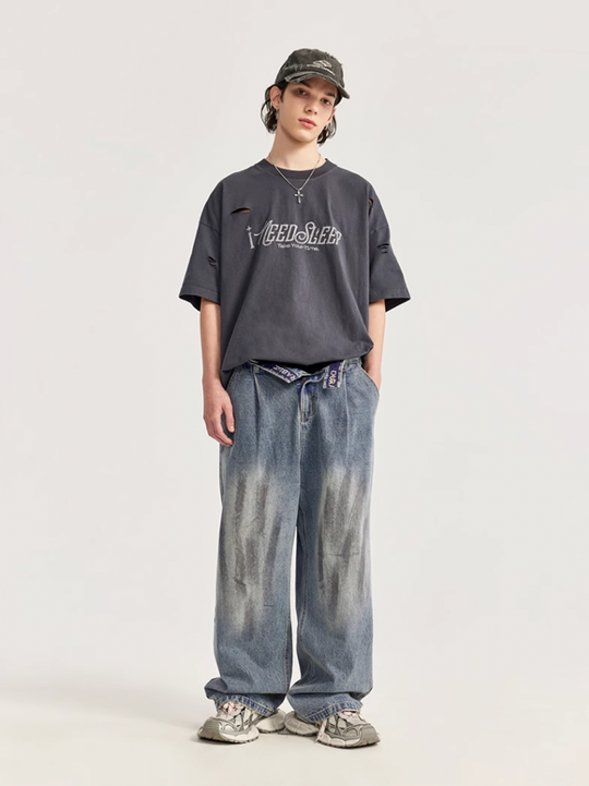 F3F Select Retro Washed & Rubbed Distressed Tuck Jeans