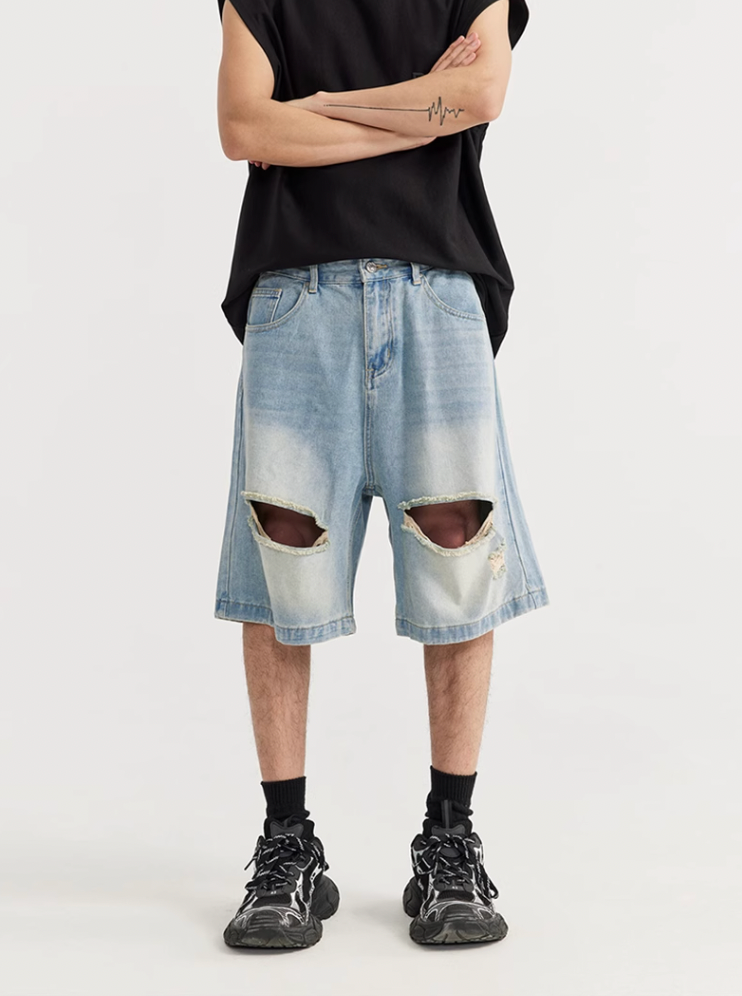 F3F Select RetroWashed Old Holes Wide Denim Short Jeans