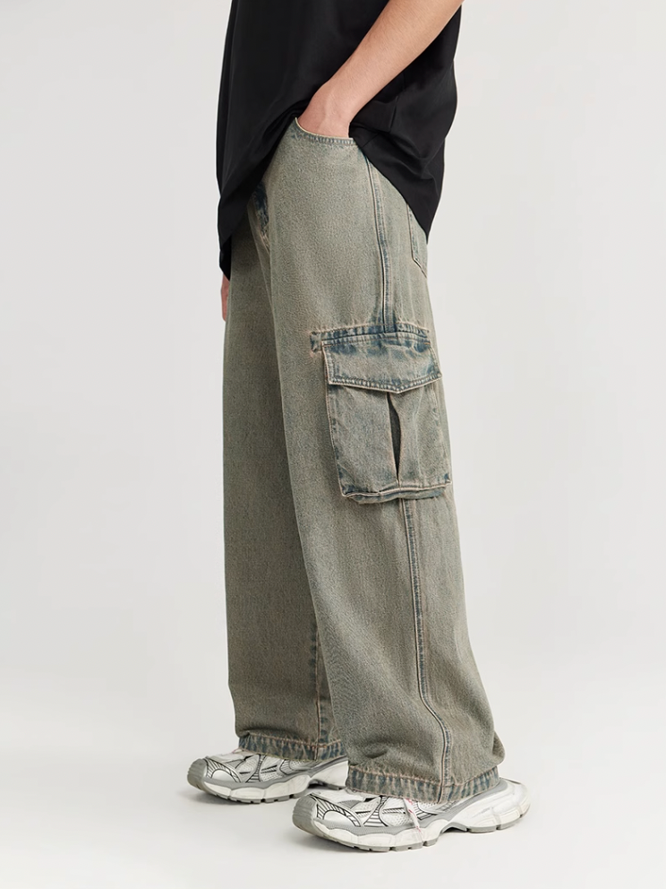 F3F Select Street Washed Old Mud Dyed Large Pockets Work Cargo Jeans